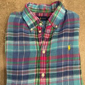 Ralph Lauren 100% Linen Plaid Button Down Shirt Large L Blue Pink Teal Madras